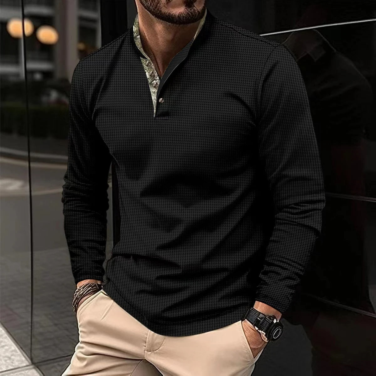 Men's Slim-Fit Casual Shirt for Fall and Winter Everyday Wear Black
