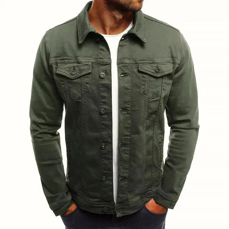 Men's Slim-Fit Denim Jacket with Button Closure with Button-down Green