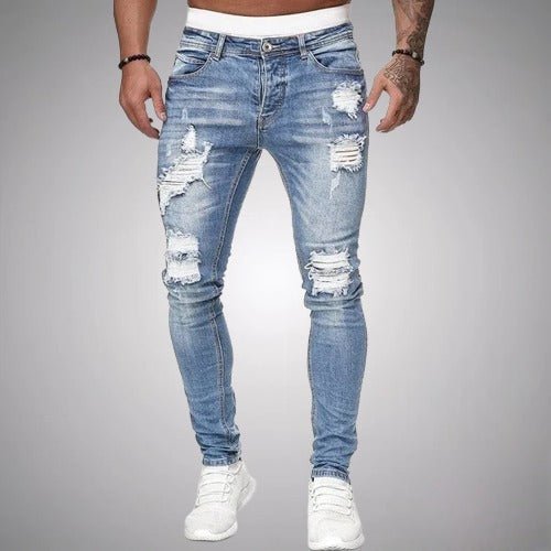 Men's Slim Fit Distressed Denim Jeans for Daily Use Warm Light Blue