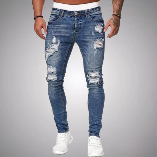 Men's Slim Fit Distressed Denim Jeans for Daily Use Warm Blue