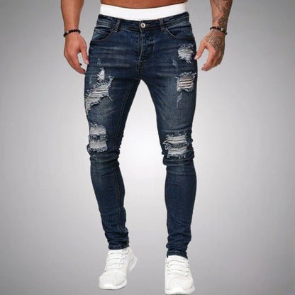 Men's Slim Fit Distressed Denim Jeans for Daily Use Warm Dark Blue