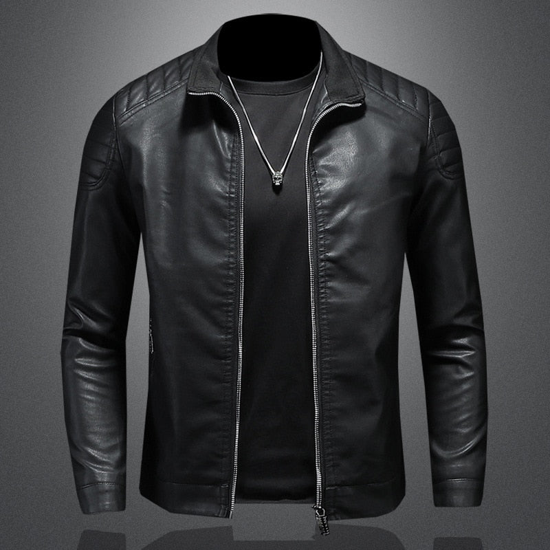 Men's Slim-Fit Leather Biker Jacket for Fall and Winter Everyday Wear Black