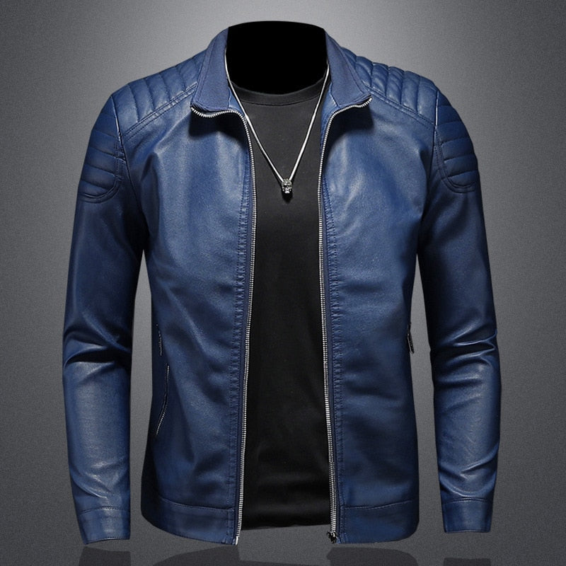 Men's Slim-Fit Leather Biker Jacket for Fall and Winter Everyday Wear Blue