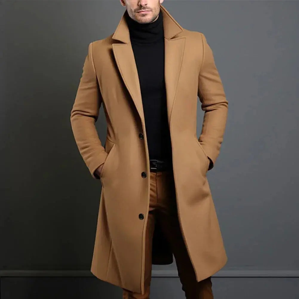 Men's Slim-Fit Long Overcoat for Fall and Winter Everyday Wear Beige