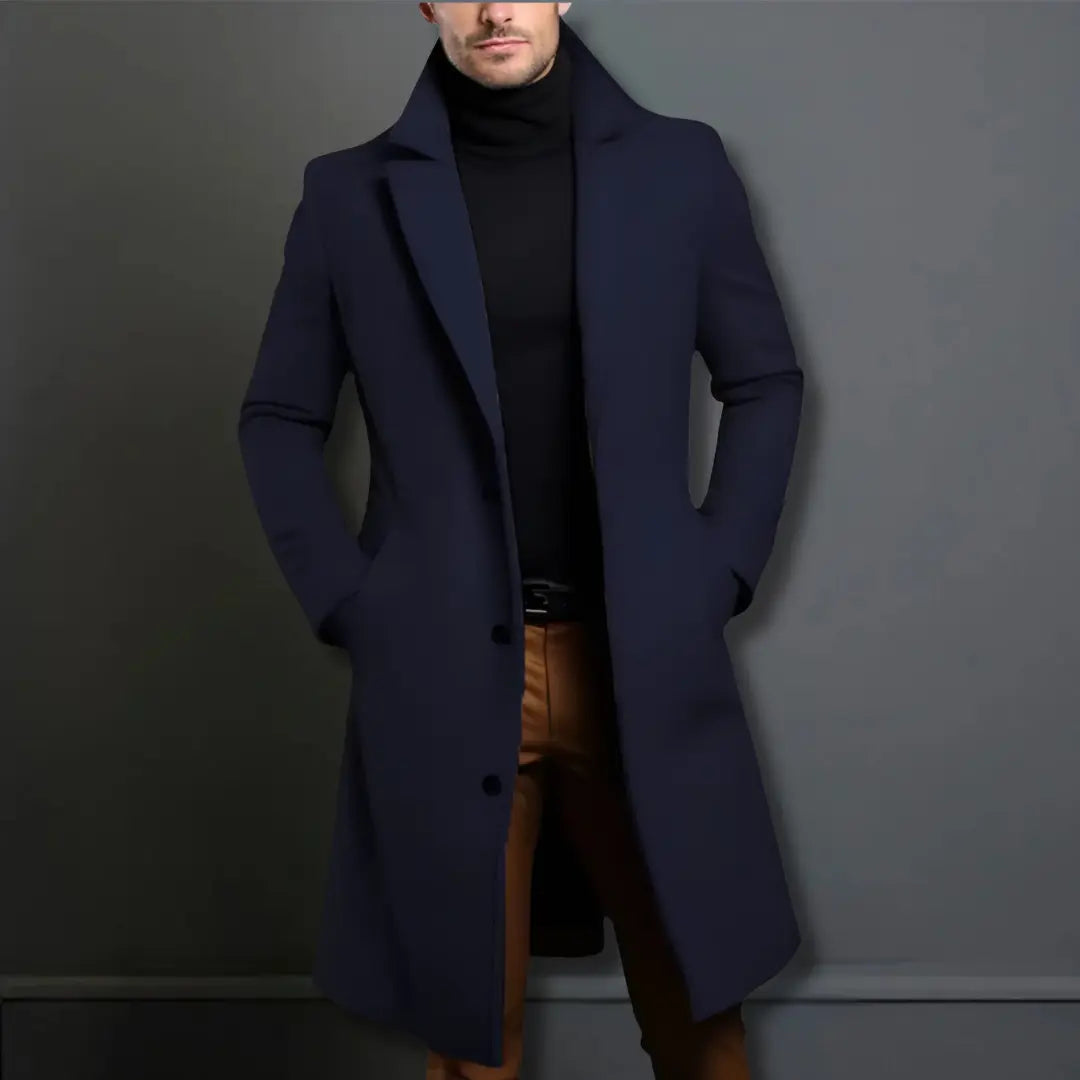 Men's Slim-Fit Long Overcoat for Fall and Winter Everyday Wear Navy Blue
