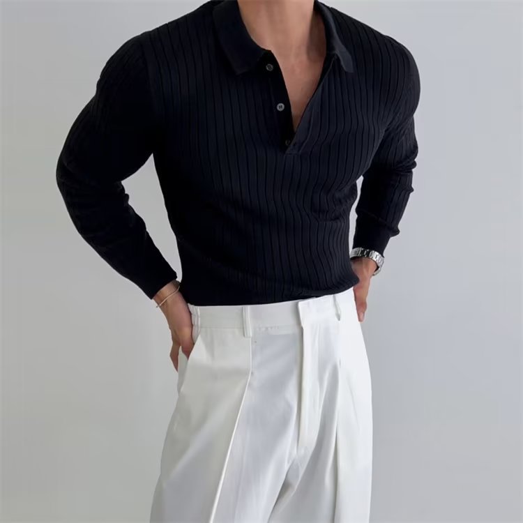 Men's Slim Fit Long Sleeve Polo Shirt for Daily Use Warm Black