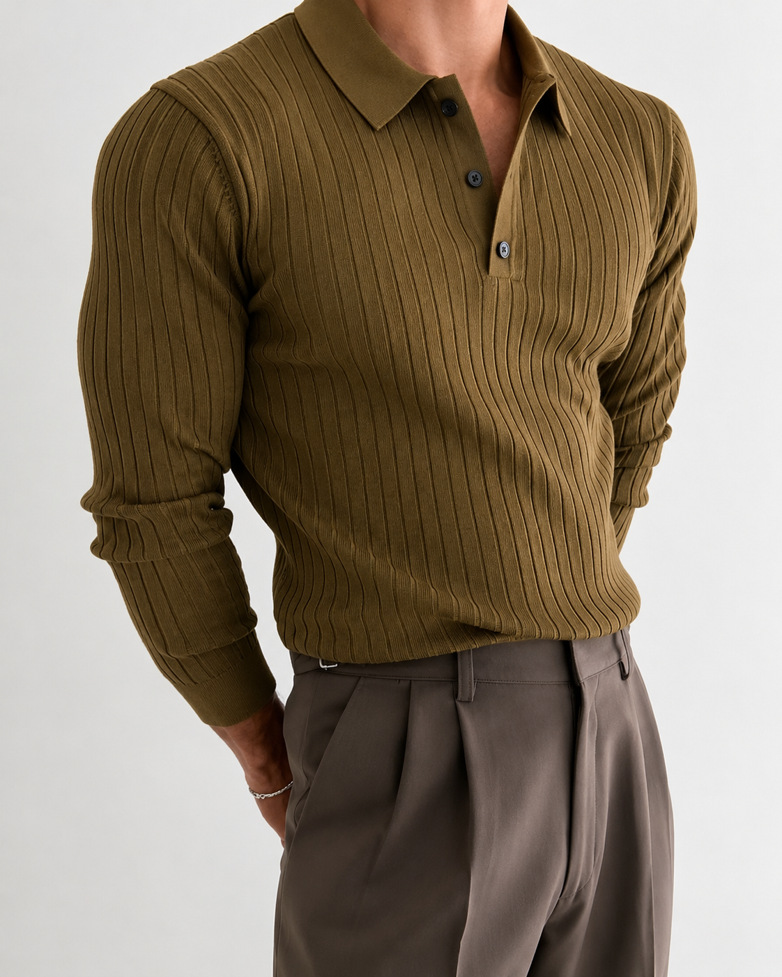 Men's Slim Fit Long Sleeve Polo Shirt for Daily Use Warm Brown