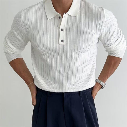Men's Slim Fit Long Sleeve Polo Shirt for Daily Use Warm White