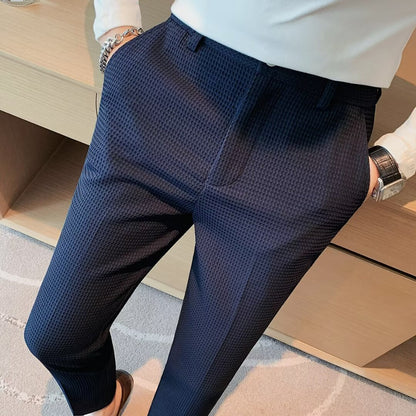Men's Slim Fit Textured Dress Pants for Fall and Winter Everyday Wear Blue