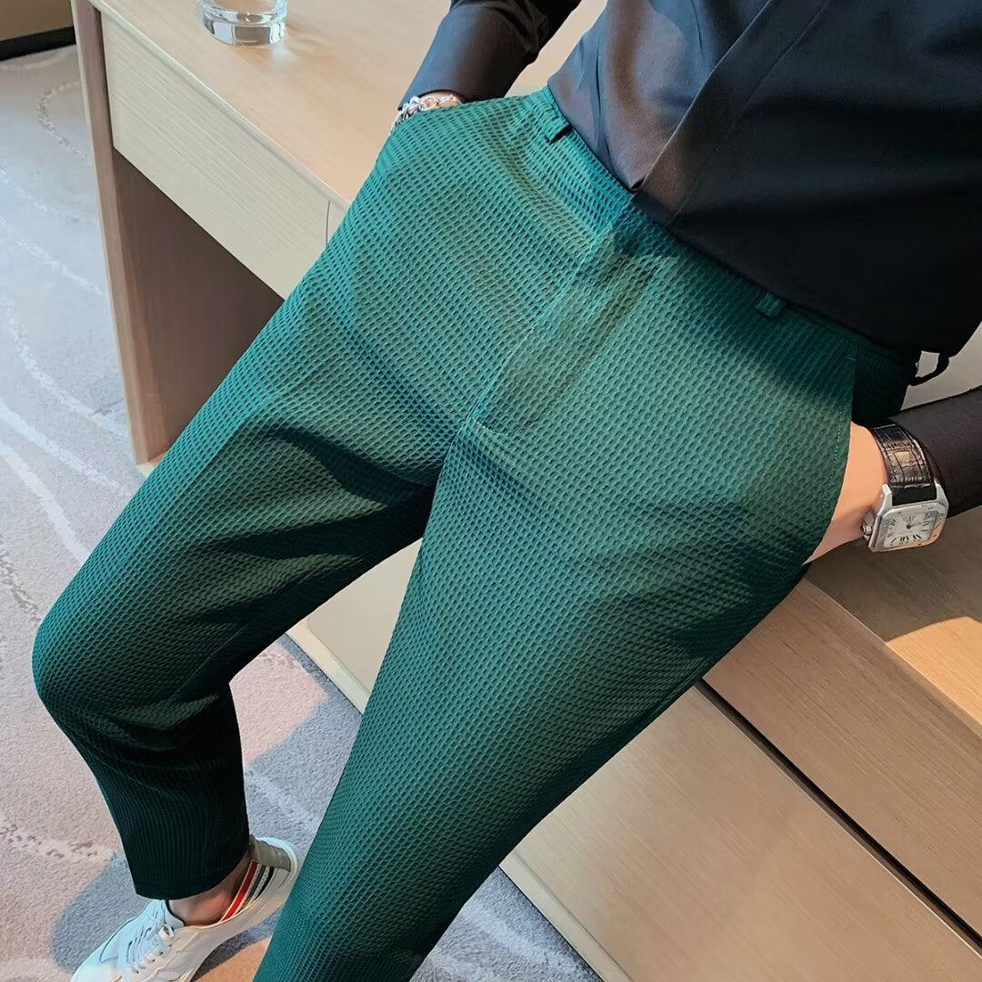 Men's Slim Fit Textured Dress Pants for Fall and Winter Everyday Wear Green