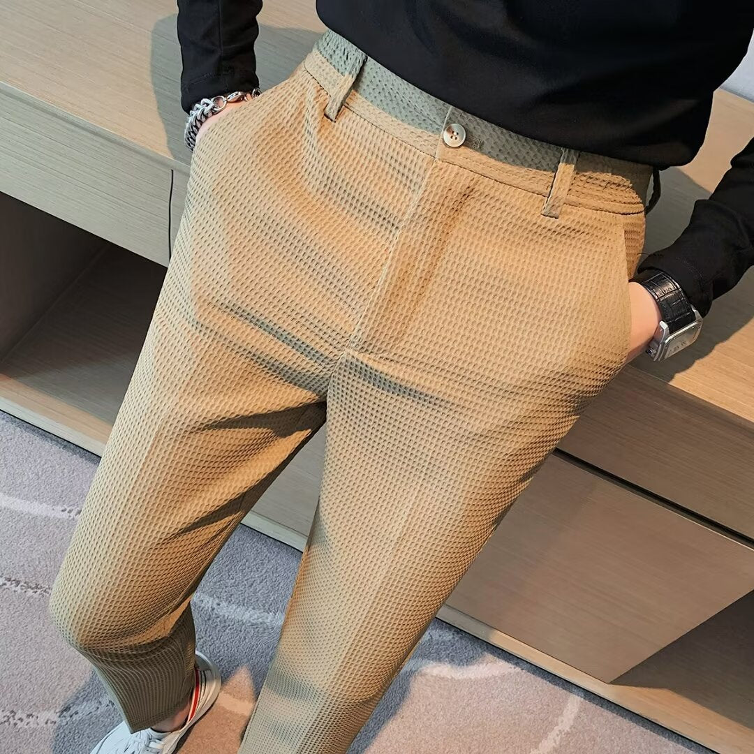 Men's Slim Fit Textured Dress Pants for Fall and Winter Everyday Wear Khaki