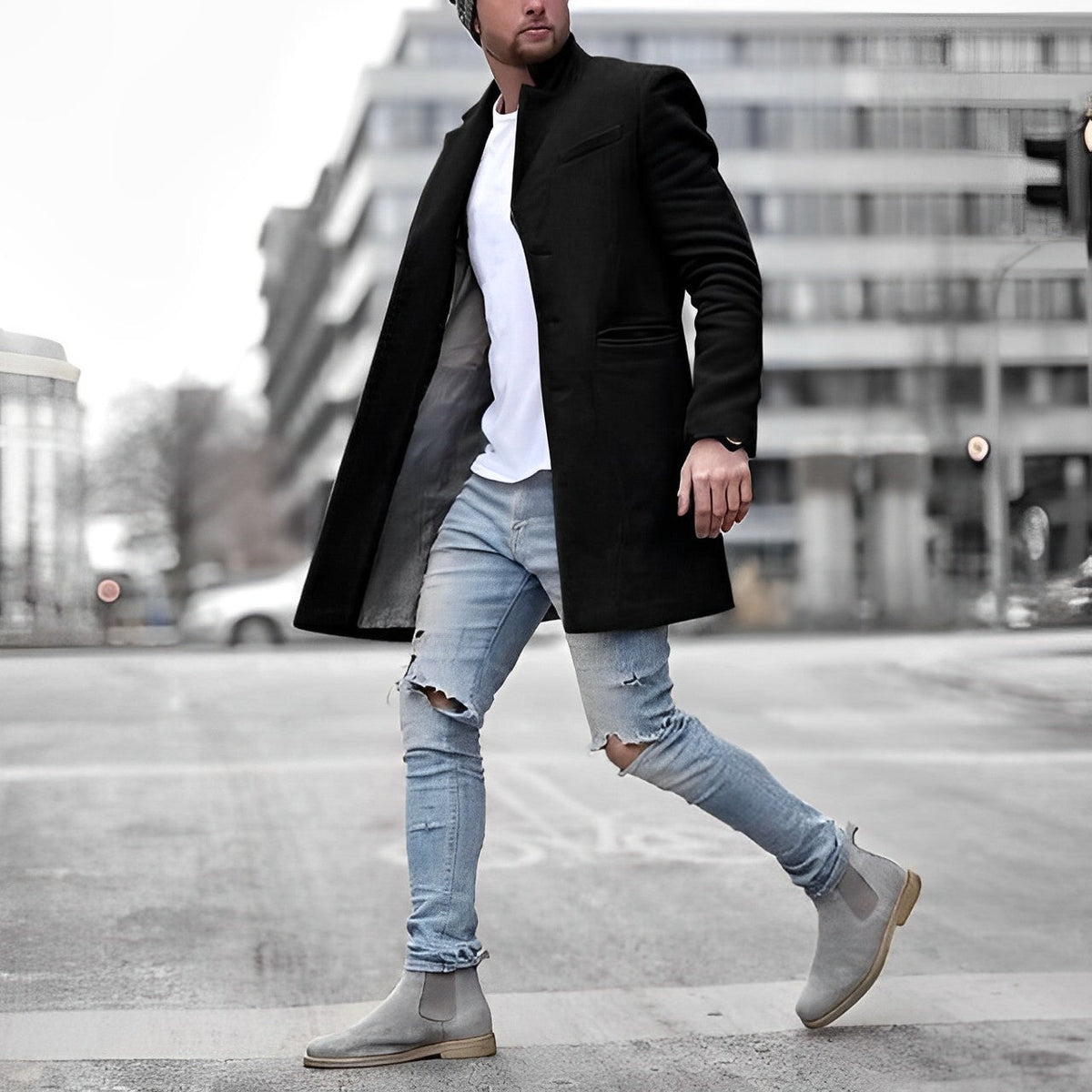 Men's Slim-Fit Topcoat for Fall and Winter Everyday Wear Black