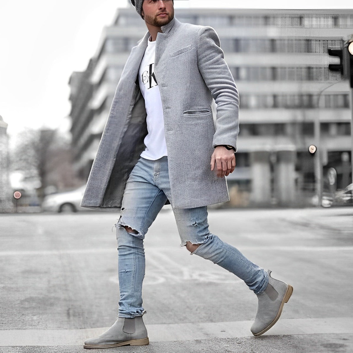 Men's Slim-Fit Topcoat for Fall and Winter Everyday Wear Gray