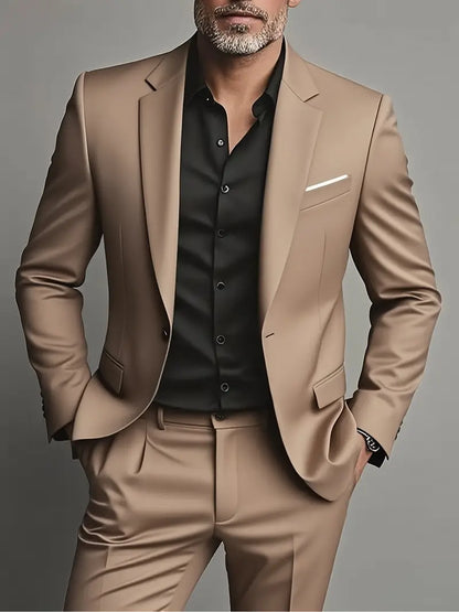 Men's Slim Fit Two-Piece Suit for Business and Evening Occasions Khaki
