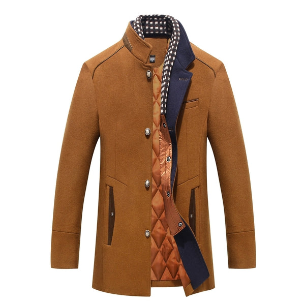 Men's Stand Collar Mid-Length Coat for Fall and Winter Everyday Wear Brown