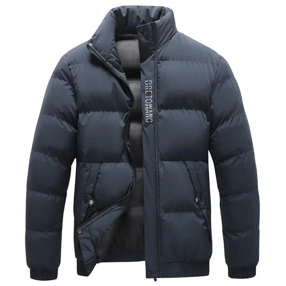 Men's Stand Collar Puffer Jacket in Sterling Color for Daily Use Navy Blue
