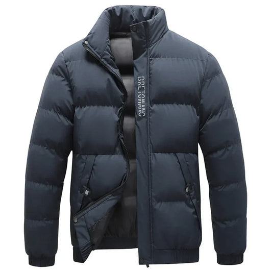 Men's Stand Collar Puffer Jacket in Sterling Color for Daily Use Navy Blue