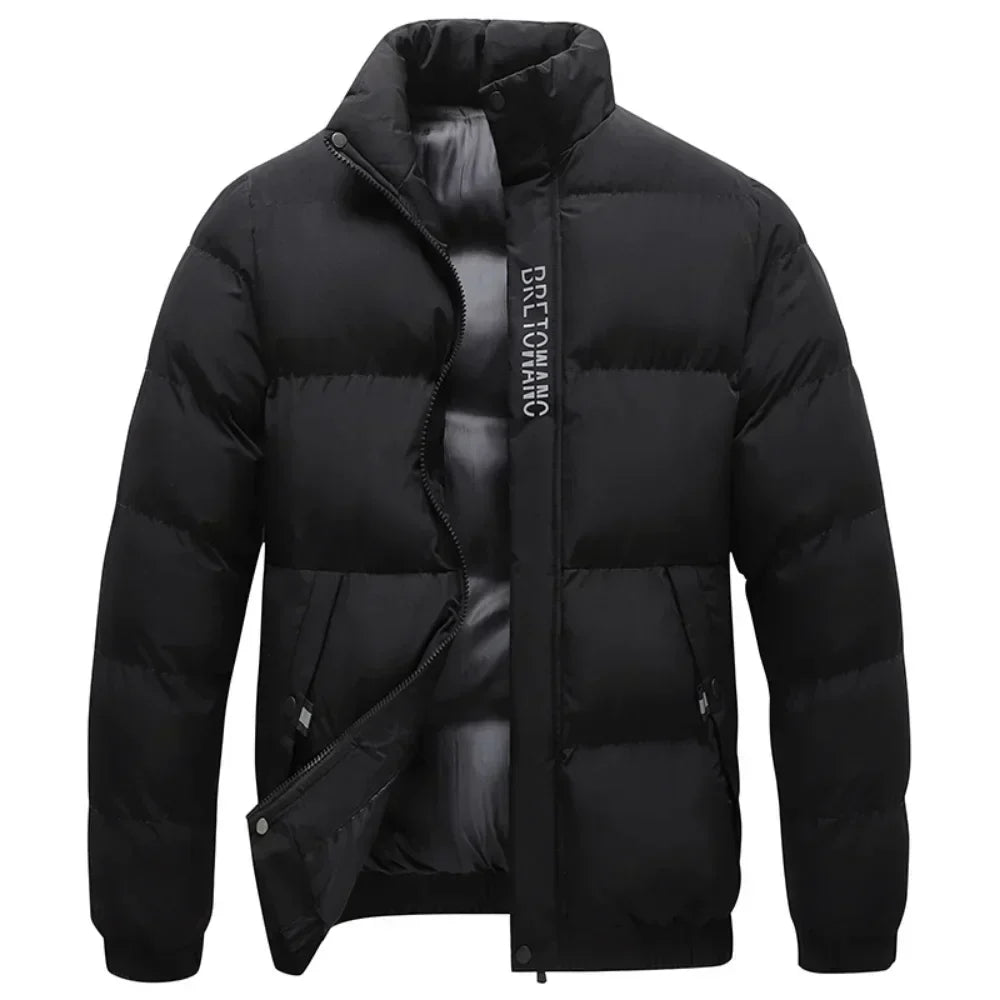 Men's Stand Collar Puffer Jacket in Sterling Color for Daily Use Black