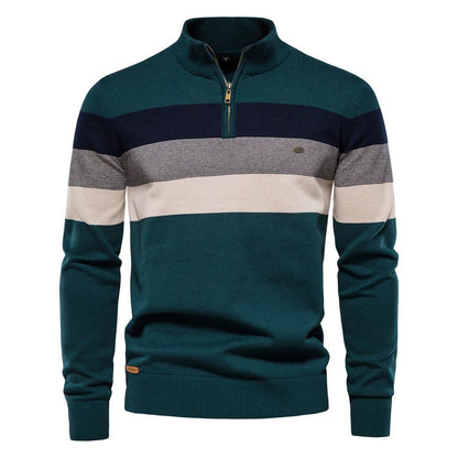 Men's Striped Quarter Zip Sweater for Fall and Winter Everyday Wear Green