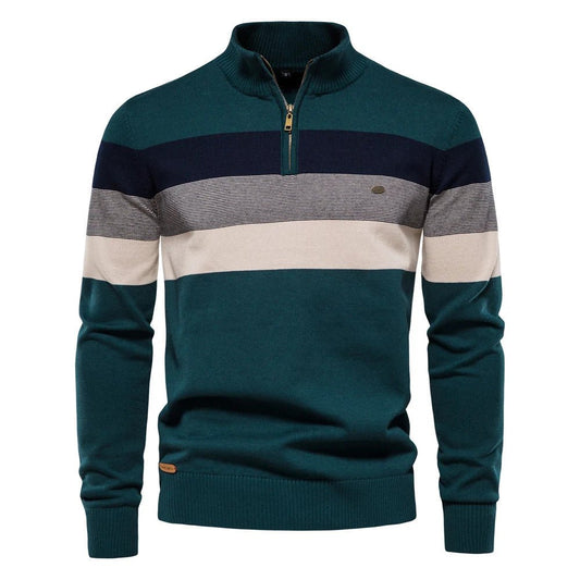 Men's Striped Quarter Zip Sweater for Fall and Winter Everyday Wear Green