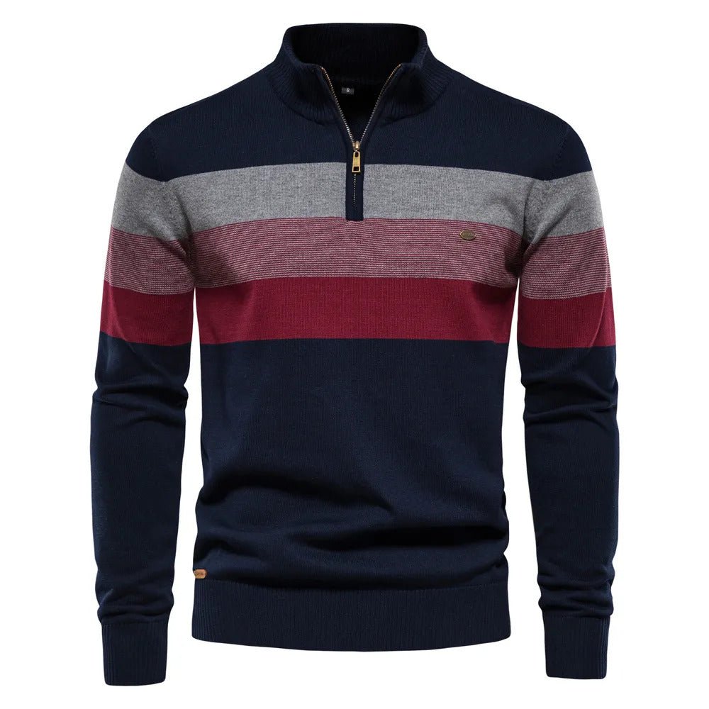 Men's Striped Quarter Zip Sweater for Fall and Winter Everyday Wear Blue