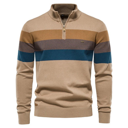 Men's Striped Quarter Zip Sweater for Fall and Winter Everyday Wear Beige