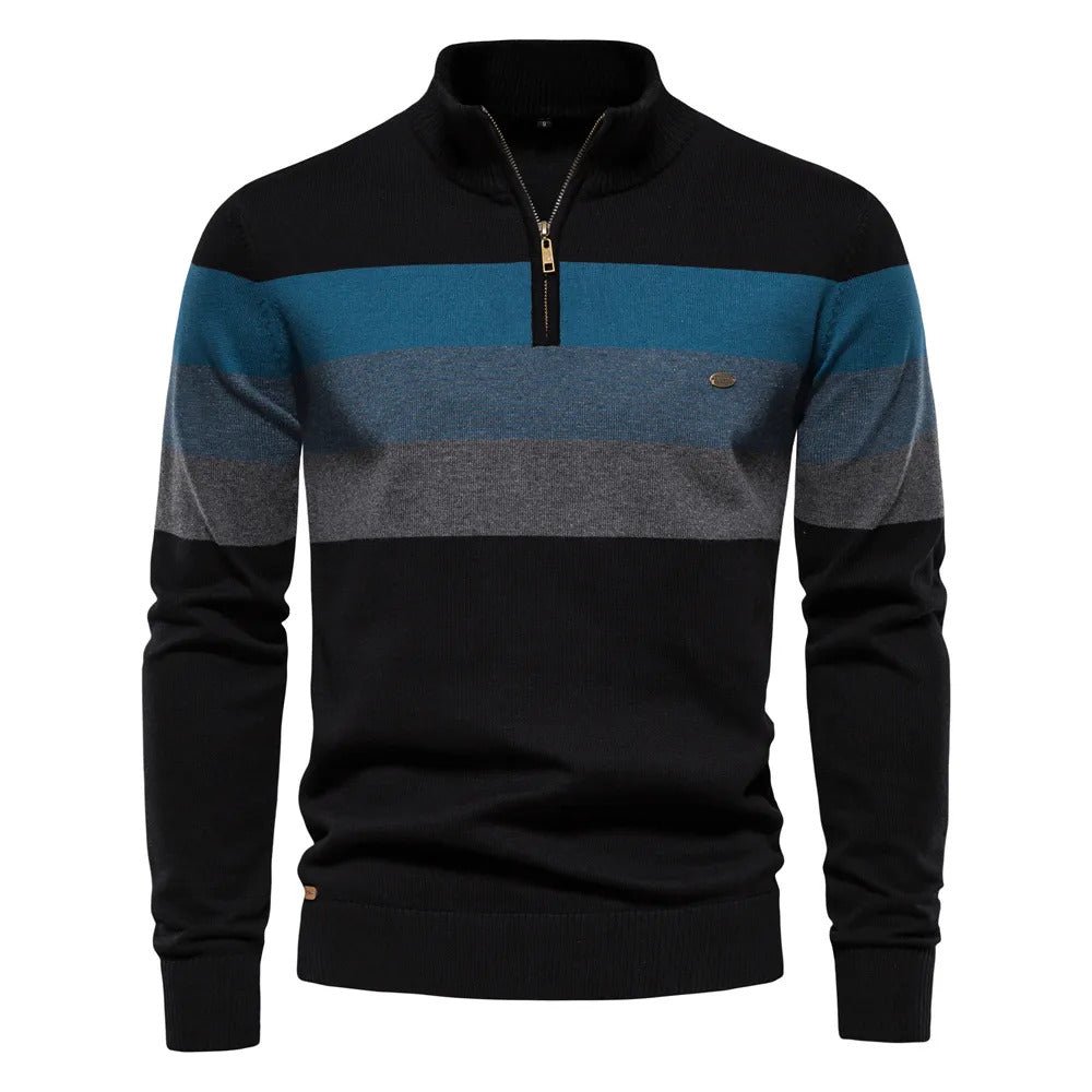 Men's Striped Quarter Zip Sweater for Fall and Winter Everyday Wear Black