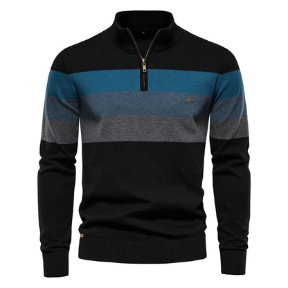 Men's Striped Quarter Zip Sweater for Fall and Winter Everyday Wear Black