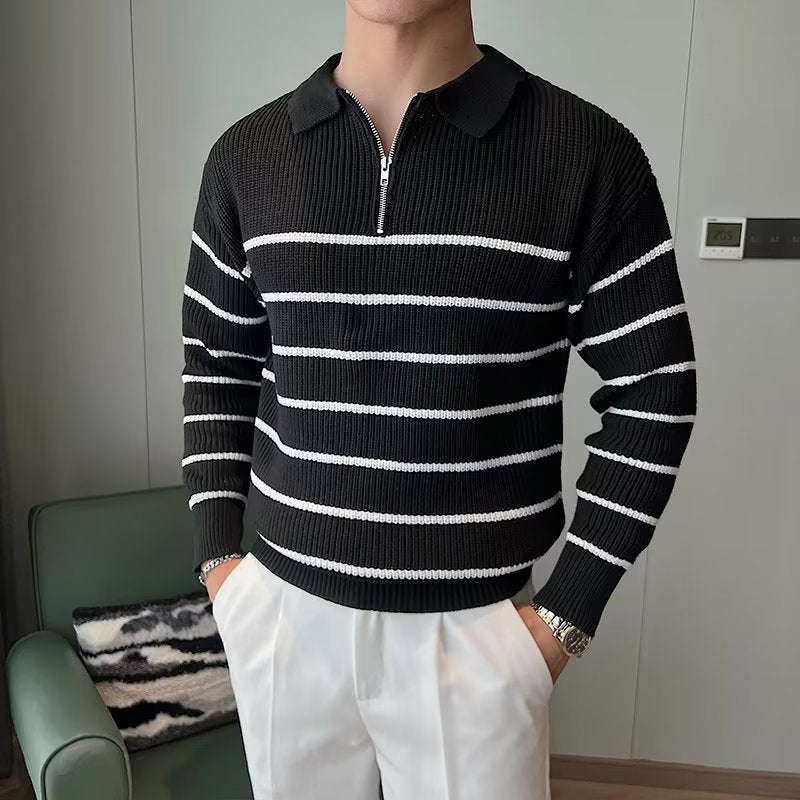 Men's Striped Zipper Neck Sweater for Fall and Winter Everyday Wear