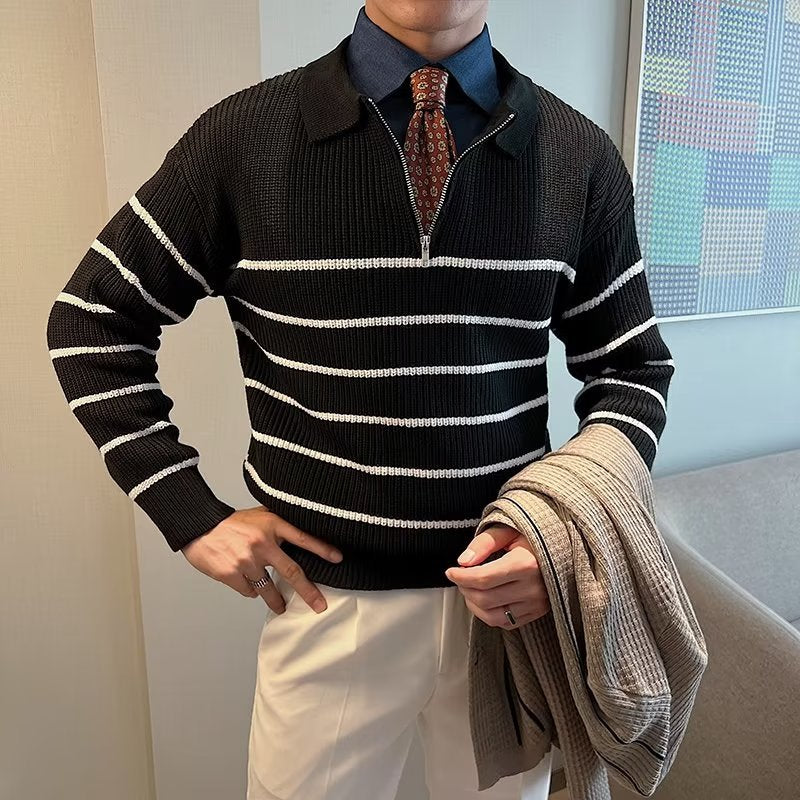 Men's Striped Zipper Neck Sweater for Fall and Winter Everyday Wear