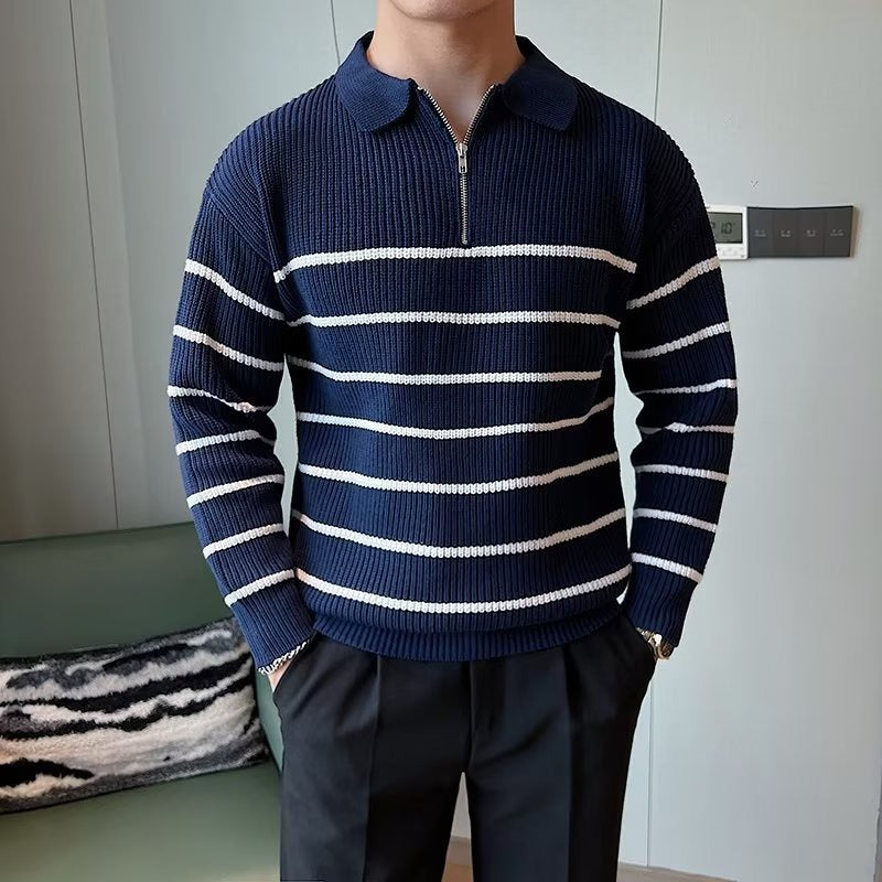 Men's Striped Zipper Neck Sweater for Fall and Winter Everyday Wear Blue