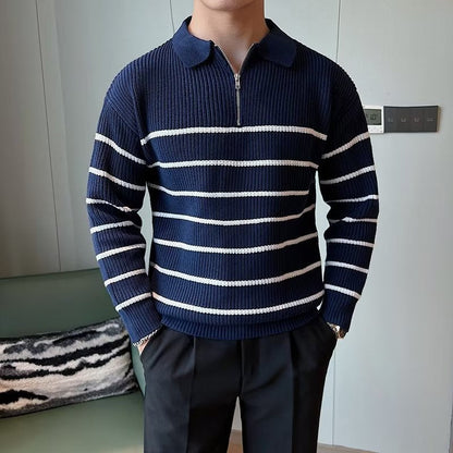 Men's Striped Zipper Neck Sweater for Fall and Winter Everyday Wear Blue