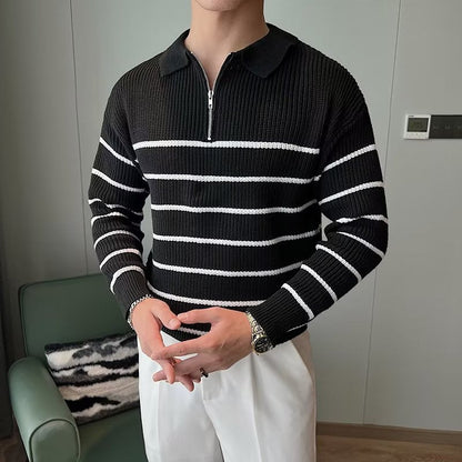 Men's Striped Zipper Neck Sweater for Fall and Winter Everyday Wear Black