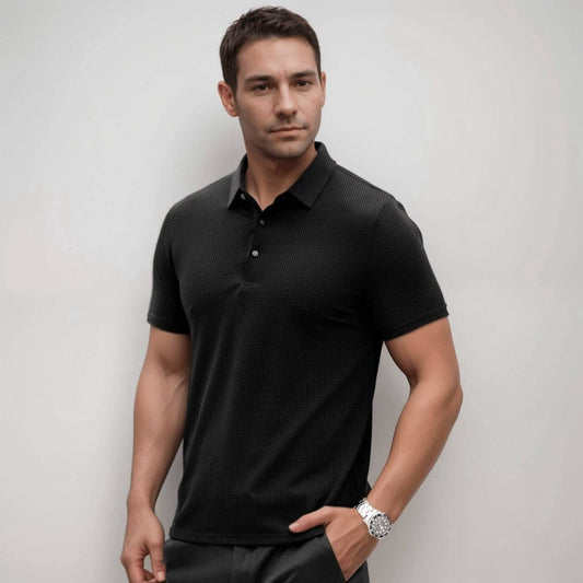 Men's Textured Classic Fit Polo Shirt for Daily Use Warm Black