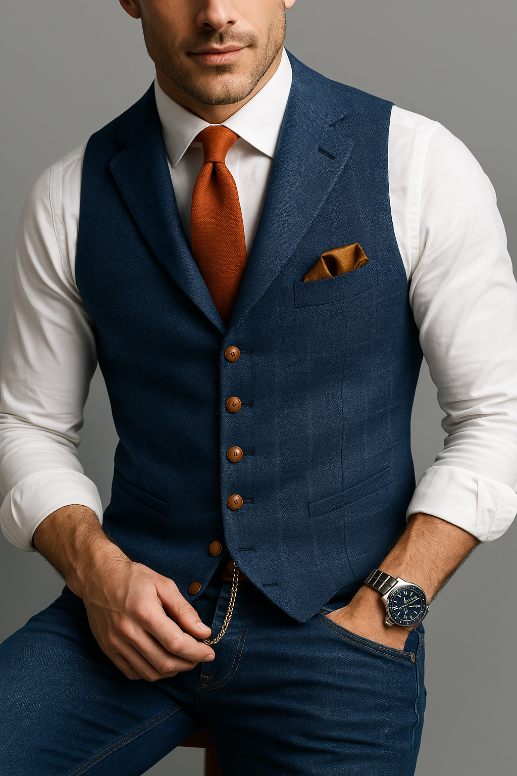 Men's Tweed V-Neck Vest for Fall and Winter Everyday Wear Blue