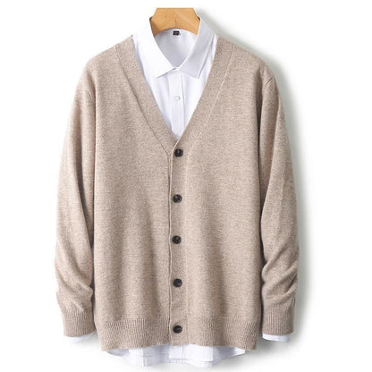 Men's V-Neck Button-Front Cardigan for Fall and Winter Everyday Wear Beige