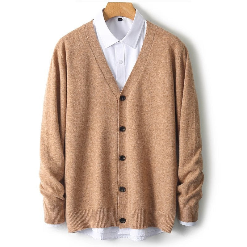Men's V-Neck Button-Front Cardigan for Fall and Winter Everyday Wear Khaki
