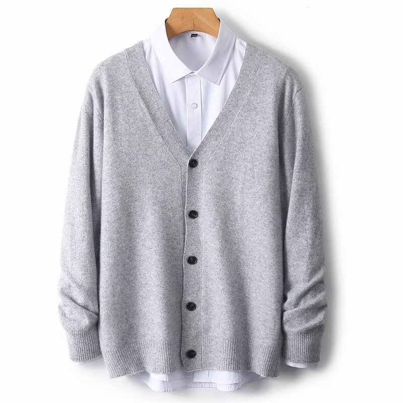 Men's V-Neck Button-Front Cardigan for Fall and Winter Everyday Wear Light Grey