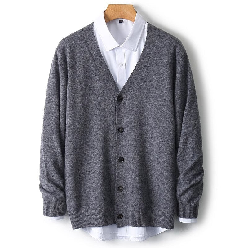 Men's V-Neck Button-Front Cardigan for Fall and Winter Everyday Wear Dark Grey