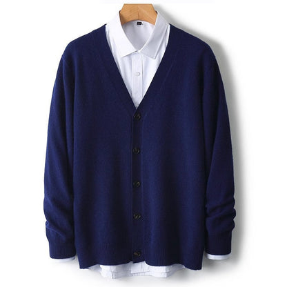 Men's V-Neck Button-Front Cardigan for Fall and Winter Everyday Wear Dark Blue