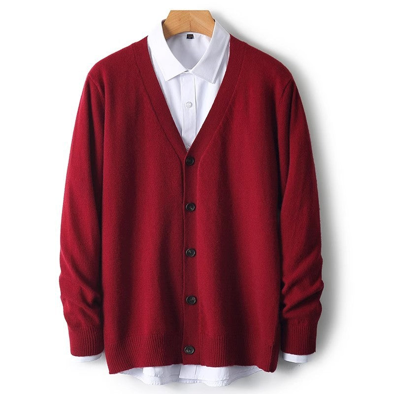 Men's V-Neck Button-Front Cardigan for Fall and Winter Everyday Wear Red