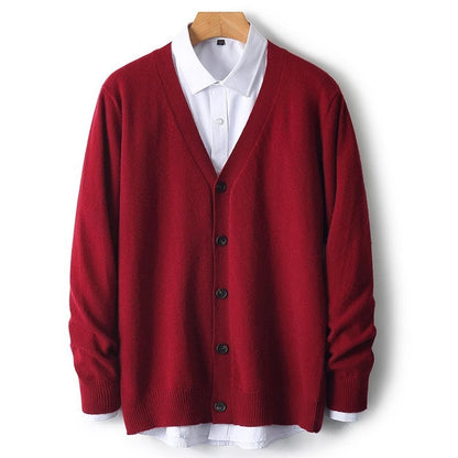 Men's V-Neck Button-Front Cardigan for Fall and Winter Everyday Wear Red