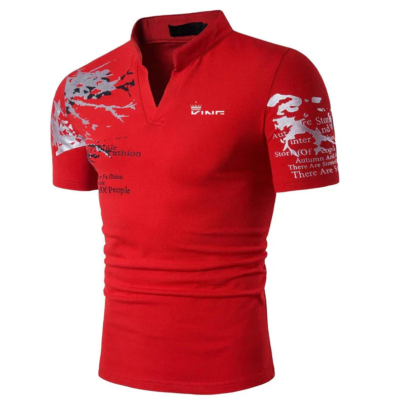 Men's V-Neck Slim Fit Polo Shirt for Fall and Winter Everyday Wear Red