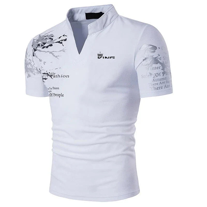 Men's V-Neck Slim Fit Polo Shirt for Fall and Winter Everyday Wear White