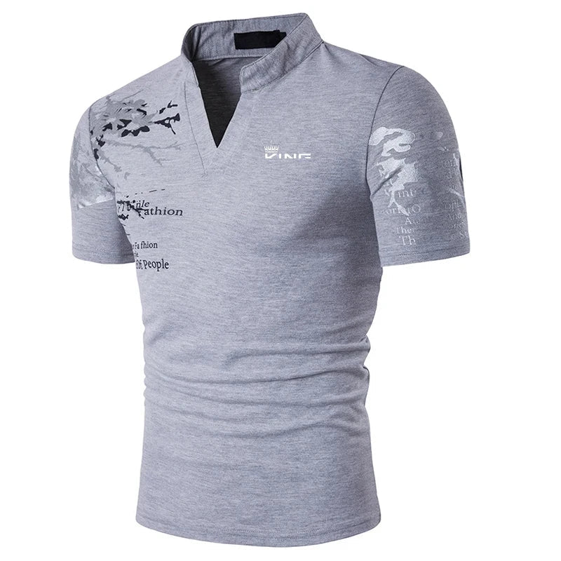 Men's V-Neck Slim Fit Polo Shirt for Fall and Winter Everyday Wear Grey