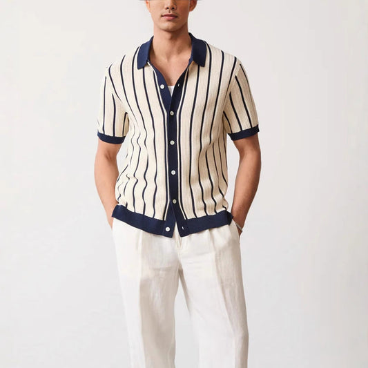 Men's Vertical Striped Polo Shirt for Fall and Winter Everyday Wear