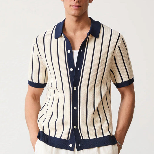 Men's Vertical Striped Polo Shirt for Fall and Winter Everyday Wear White