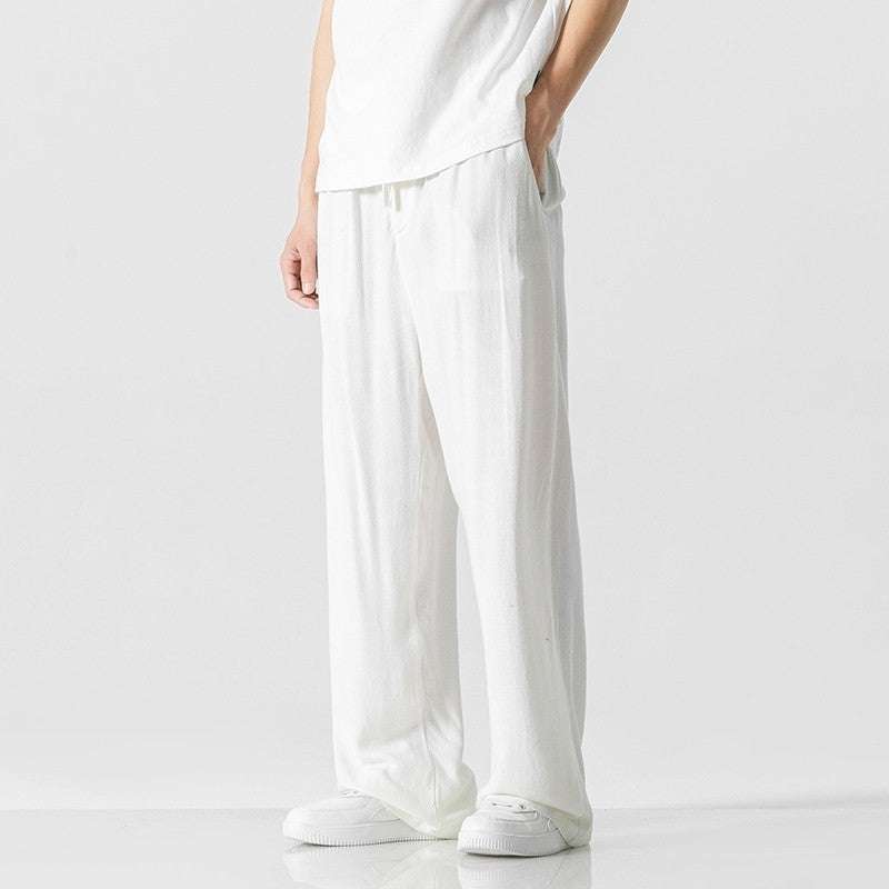 Men's Off-White Wide Leg Drawstring Trousers for Fall and Winter