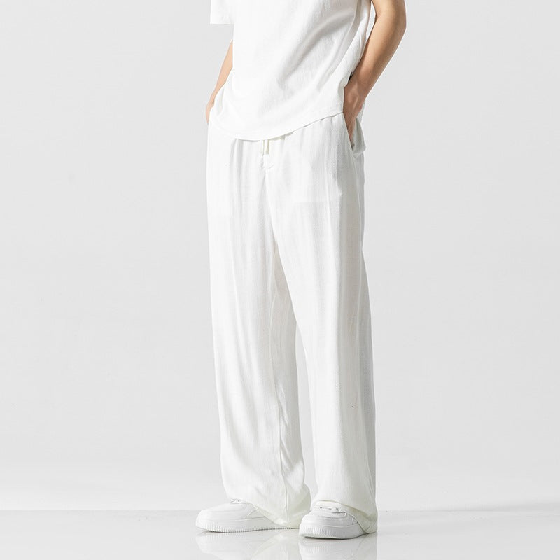 Men's Off-White Wide Leg Drawstring Trousers for Fall and Winter White