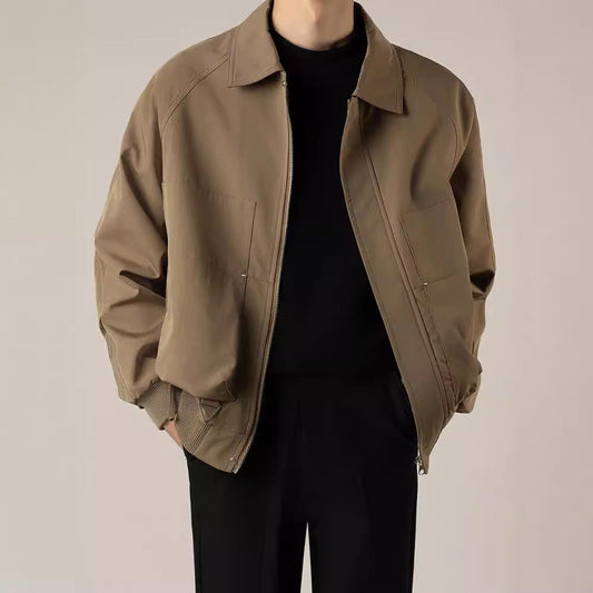 Men's Zip-Up Bomber Jacket for Fall and Winter Everyday Wear Khaki